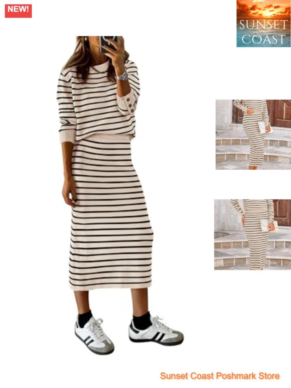PRETTYGARDEN Women's 2 Piece Striped Sweater Skirt Set Fall Matching Set